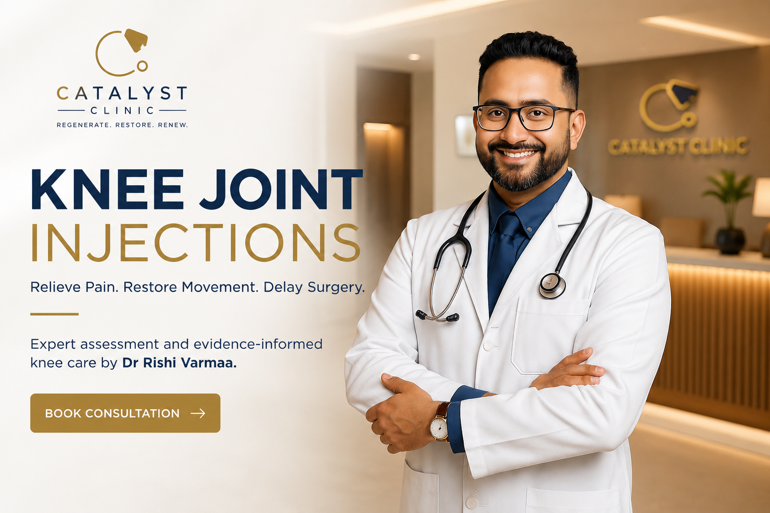 Dr Rishi Varma offering knee joint injections for knee pain, arthritis and improved mobility at Catalyst Clinic
