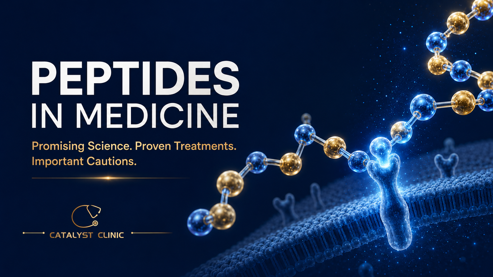 Peptide molecule binding to a cell receptor, illustrating peptide therapy in medicine, its proven treatments and important cautions.