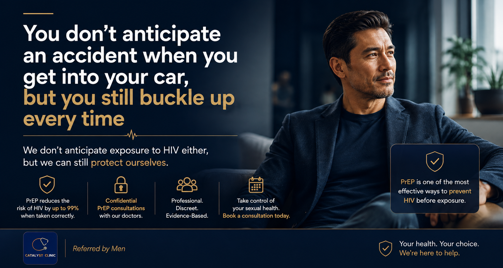 Man fastening his seatbelt to illustrate HIV prevention with PrEP, encouraging confidential PrEP consultations and sexual health care at Catalyst Men's Clinic Malaysia.